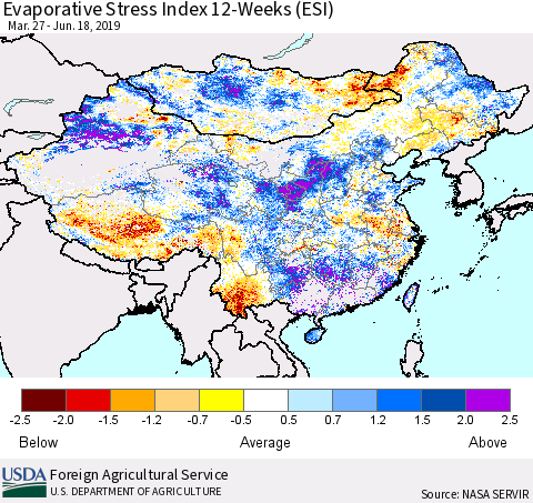 China, Mongolia and Taiwan Evaporative Stress Index (ESI), 12-Weeks Thematic Map For 6/17/2019 - 6/23/2019