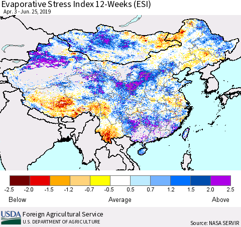 China and Taiwan Evaporative Stress Index (ESI), 12-Weeks Thematic Map For 6/24/2019 - 6/30/2019