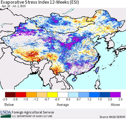 China and Taiwan Evaporative Stress Index (ESI), 12-Weeks Thematic Map For 7/1/2019 - 7/7/2019