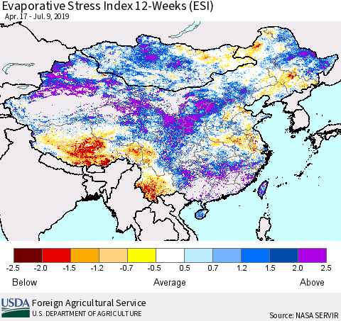 China and Taiwan Evaporative Stress Index (ESI), 12-Weeks Thematic Map For 7/8/2019 - 7/14/2019