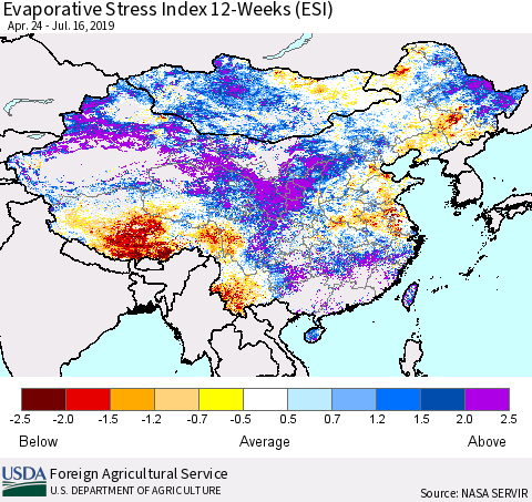 China, Mongolia and Taiwan Evaporative Stress Index (ESI), 12-Weeks Thematic Map For 7/15/2019 - 7/21/2019