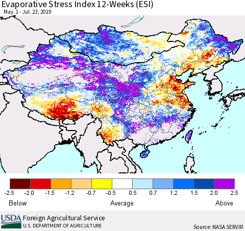 China, Mongolia and Taiwan Evaporative Stress Index (ESI), 12-Weeks Thematic Map For 7/22/2019 - 7/28/2019