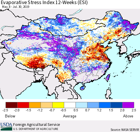 China, Mongolia and Taiwan Evaporative Stress Index (ESI), 12-Weeks Thematic Map For 7/29/2019 - 8/4/2019