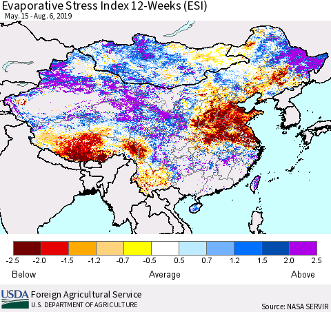 China and Taiwan Evaporative Stress Index (ESI), 12-Weeks Thematic Map For 8/5/2019 - 8/11/2019