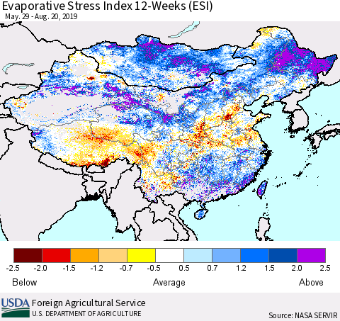 China and Taiwan Evaporative Stress Index (ESI), 12-Weeks Thematic Map For 8/19/2019 - 8/25/2019