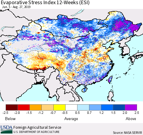 China and Taiwan Evaporative Stress Index (ESI), 12-Weeks Thematic Map For 8/26/2019 - 9/1/2019