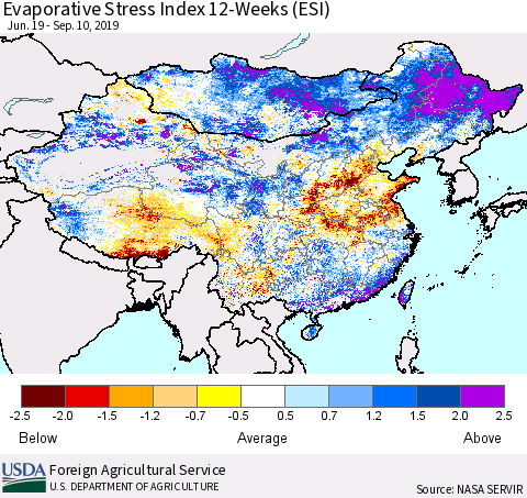 China and Taiwan Evaporative Stress Index (ESI), 12-Weeks Thematic Map For 9/9/2019 - 9/15/2019