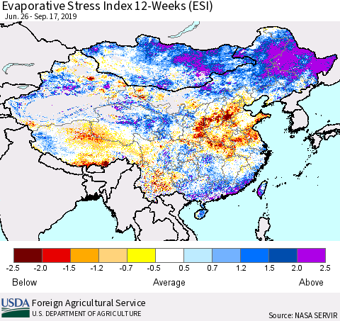 China, Mongolia and Taiwan Evaporative Stress Index (ESI), 12-Weeks Thematic Map For 9/16/2019 - 9/22/2019
