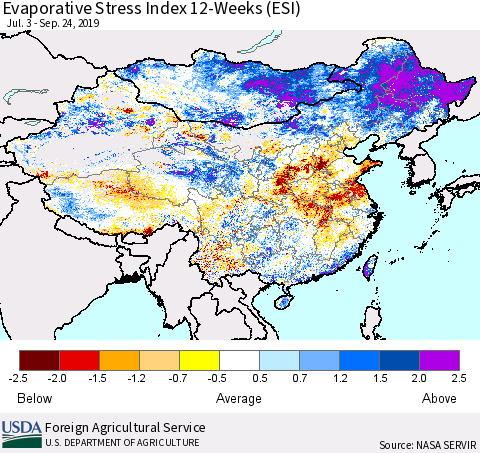 China and Taiwan Evaporative Stress Index 12-Weeks (ESI) Thematic Map For 9/23/2019 - 9/29/2019