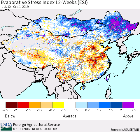 China and Taiwan Evaporative Stress Index (ESI), 12-Weeks Thematic Map For 9/30/2019 - 10/6/2019