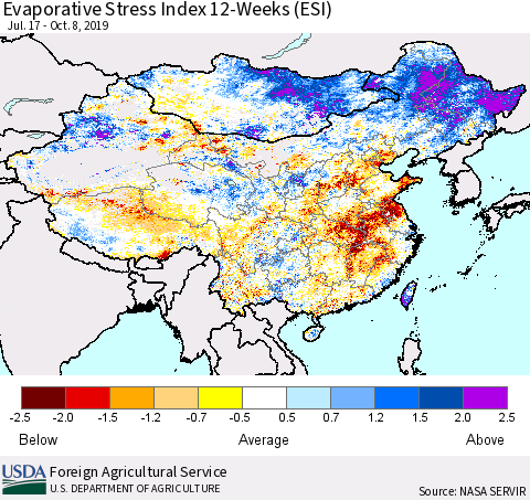 China, Mongolia and Taiwan Evaporative Stress Index (ESI), 12-Weeks Thematic Map For 10/7/2019 - 10/13/2019