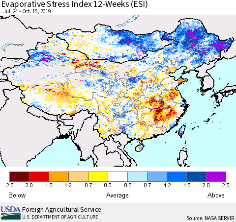 China and Taiwan Evaporative Stress Index 12-Weeks (ESI) Thematic Map For 10/14/2019 - 10/20/2019