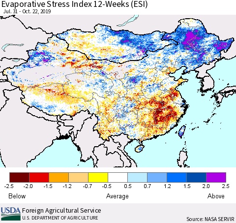 China and Taiwan Evaporative Stress Index (ESI), 12-Weeks Thematic Map For 10/21/2019 - 10/27/2019