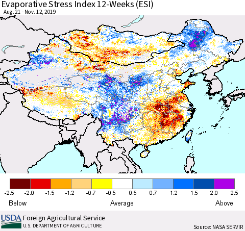 China and Taiwan Evaporative Stress Index 12-Weeks (ESI) Thematic Map For 11/11/2019 - 11/17/2019