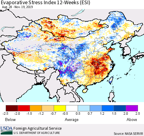 China and Taiwan Evaporative Stress Index 12-Weeks (ESI) Thematic Map For 11/18/2019 - 11/24/2019