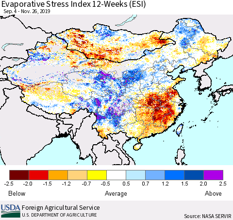 China, Mongolia and Taiwan Evaporative Stress Index (ESI), 12-Weeks Thematic Map For 11/25/2019 - 12/1/2019