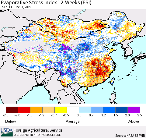China and Taiwan Evaporative Stress Index 12-Weeks (ESI) Thematic Map For 12/2/2019 - 12/8/2019