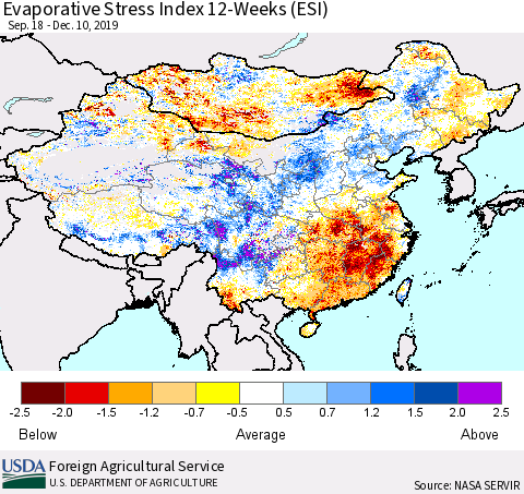China, Mongolia and Taiwan Evaporative Stress Index (ESI), 12-Weeks Thematic Map For 12/9/2019 - 12/15/2019