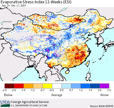 China and Taiwan Evaporative Stress Index 12-Weeks (ESI) Thematic Map For 12/16/2019 - 12/22/2019