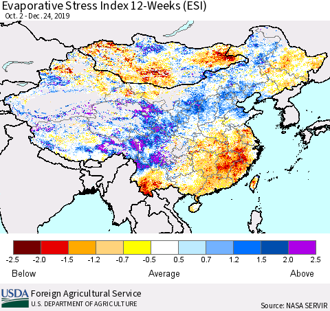 China and Taiwan Evaporative Stress Index 12-Weeks (ESI) Thematic Map For 12/23/2019 - 12/29/2019
