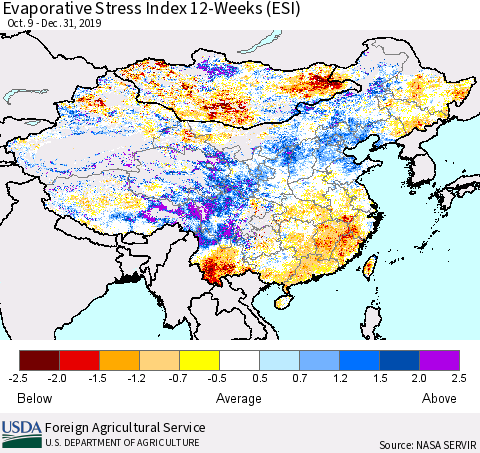 China, Mongolia and Taiwan Evaporative Stress Index (ESI), 12-Weeks Thematic Map For 12/30/2019 - 1/5/2020