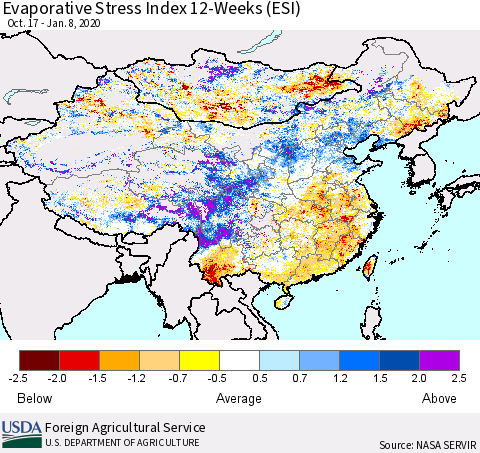 China and Taiwan Evaporative Stress Index 12-Weeks (ESI) Thematic Map For 1/6/2020 - 1/12/2020