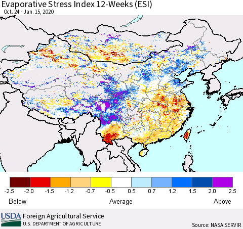 China and Taiwan Evaporative Stress Index 12-Weeks (ESI) Thematic Map For 1/13/2020 - 1/19/2020
