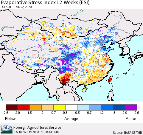 China, Mongolia and Taiwan Evaporative Stress Index (ESI), 12-Weeks Thematic Map For 1/20/2020 - 1/26/2020
