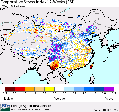 China, Mongolia and Taiwan Evaporative Stress Index (ESI), 12-Weeks Thematic Map For 1/27/2020 - 2/2/2020