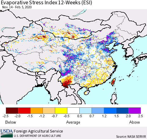 China and Taiwan Evaporative Stress Index 12-Weeks (ESI) Thematic Map For 2/3/2020 - 2/9/2020