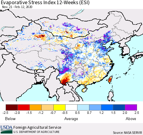 China, Mongolia and Taiwan Evaporative Stress Index (ESI), 12-Weeks Thematic Map For 2/10/2020 - 2/16/2020