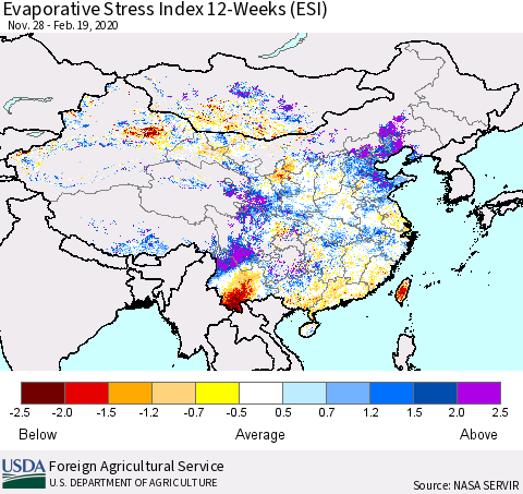 China and Taiwan Evaporative Stress Index 12-Weeks (ESI) Thematic Map For 2/17/2020 - 2/23/2020