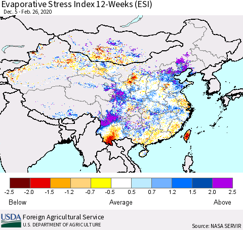 China and Taiwan Evaporative Stress Index 12-Weeks (ESI) Thematic Map For 2/24/2020 - 3/1/2020