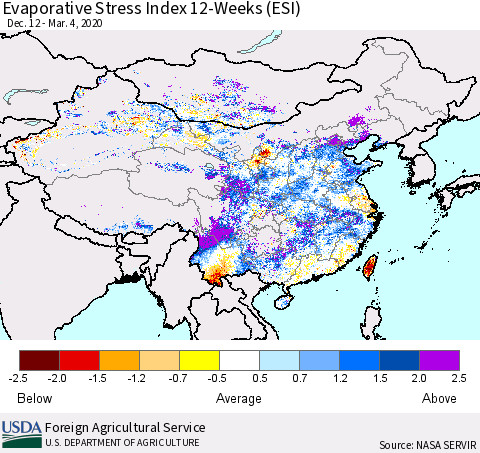 China and Taiwan Evaporative Stress Index 12-Weeks (ESI) Thematic Map For 3/2/2020 - 3/8/2020