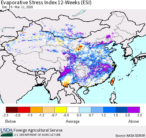 China, Mongolia and Taiwan Evaporative Stress Index (ESI), 12-Weeks Thematic Map For 3/9/2020 - 3/15/2020