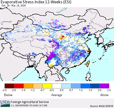 China, Mongolia and Taiwan Evaporative Stress Index (ESI), 12-Weeks Thematic Map For 3/16/2020 - 3/22/2020