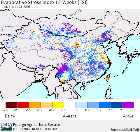 China and Taiwan Evaporative Stress Index 12-Weeks (ESI) Thematic Map For 3/23/2020 - 3/29/2020