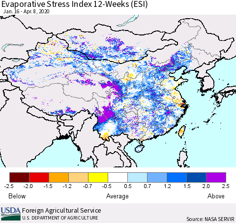 China, Mongolia and Taiwan Evaporative Stress Index (ESI), 12-Weeks Thematic Map For 4/6/2020 - 4/12/2020
