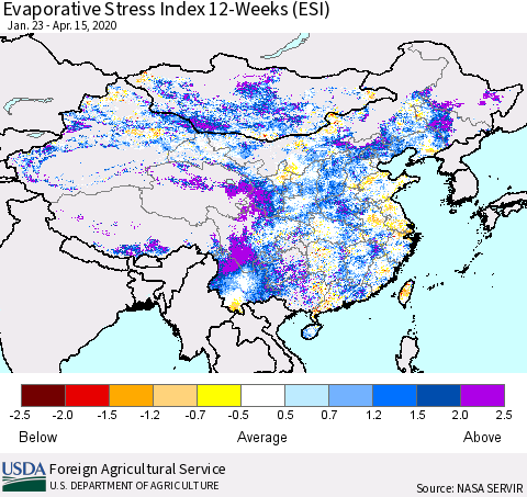China and Taiwan Evaporative Stress Index 12-Weeks (ESI) Thematic Map For 4/13/2020 - 4/19/2020