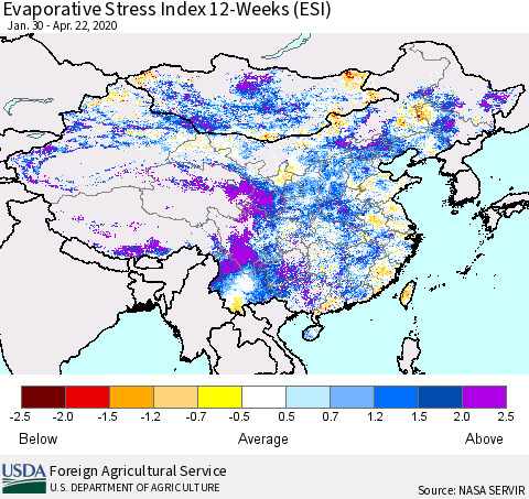 China and Taiwan Evaporative Stress Index 12-Weeks (ESI) Thematic Map For 4/20/2020 - 4/26/2020
