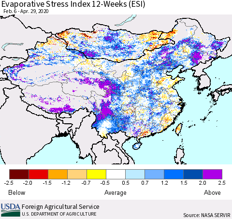 China and Taiwan Evaporative Stress Index 12-Weeks (ESI) Thematic Map For 4/27/2020 - 5/3/2020