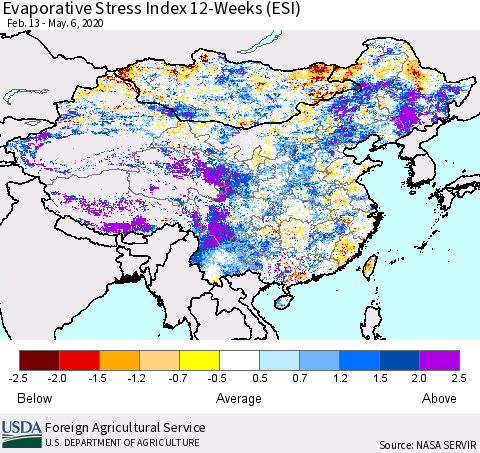 China and Taiwan Evaporative Stress Index 12-Weeks (ESI) Thematic Map For 5/4/2020 - 5/10/2020