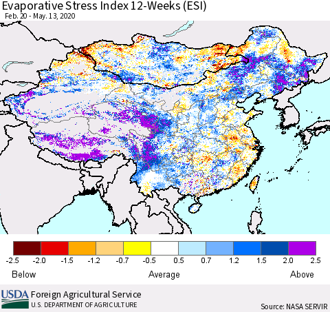 China, Mongolia and Taiwan Evaporative Stress Index (ESI), 12-Weeks Thematic Map For 5/11/2020 - 5/17/2020