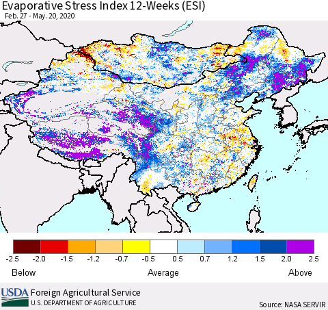 China and Taiwan Evaporative Stress Index 12-Weeks (ESI) Thematic Map For 5/18/2020 - 5/24/2020