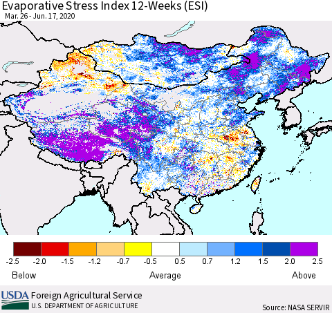 China, Mongolia and Taiwan Evaporative Stress Index (ESI), 12-Weeks Thematic Map For 6/15/2020 - 6/21/2020