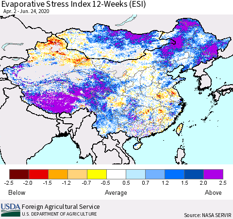 China and Taiwan Evaporative Stress Index 12-Weeks (ESI) Thematic Map For 6/22/2020 - 6/28/2020