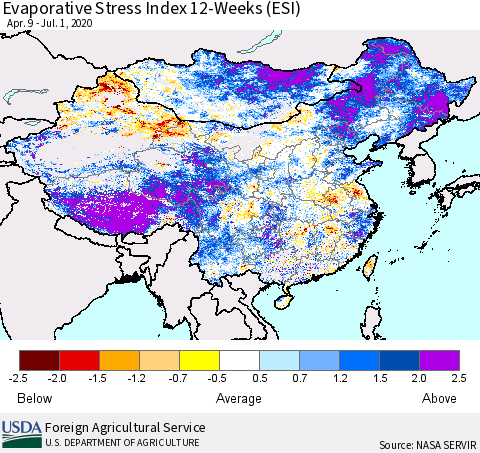 China and Taiwan Evaporative Stress Index 12-Weeks (ESI) Thematic Map For 6/29/2020 - 7/5/2020