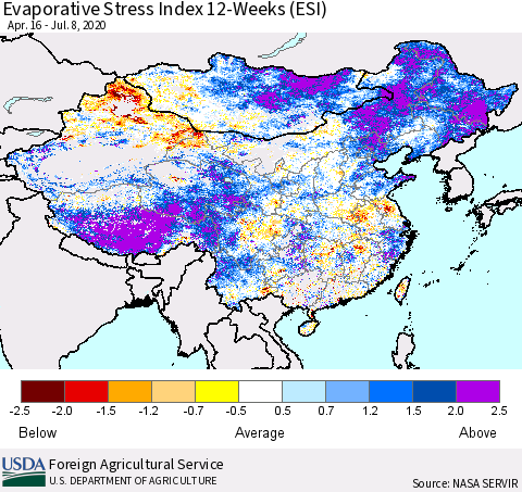 China, Mongolia and Taiwan Evaporative Stress Index (ESI), 12-Weeks Thematic Map For 7/6/2020 - 7/12/2020