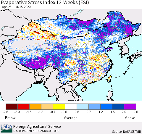 China and Taiwan Evaporative Stress Index 12-Weeks (ESI) Thematic Map For 7/13/2020 - 7/19/2020