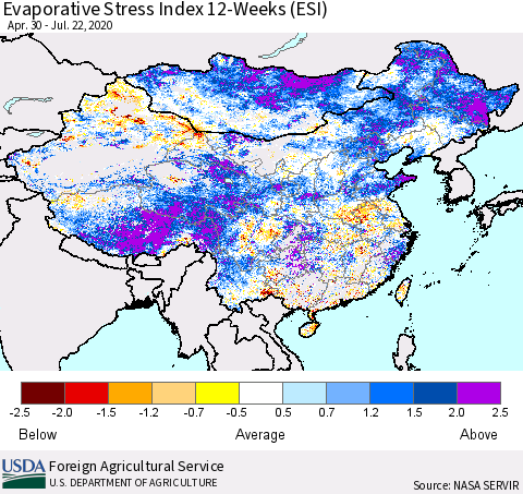 China and Taiwan Evaporative Stress Index 12-Weeks (ESI) Thematic Map For 7/20/2020 - 7/26/2020
